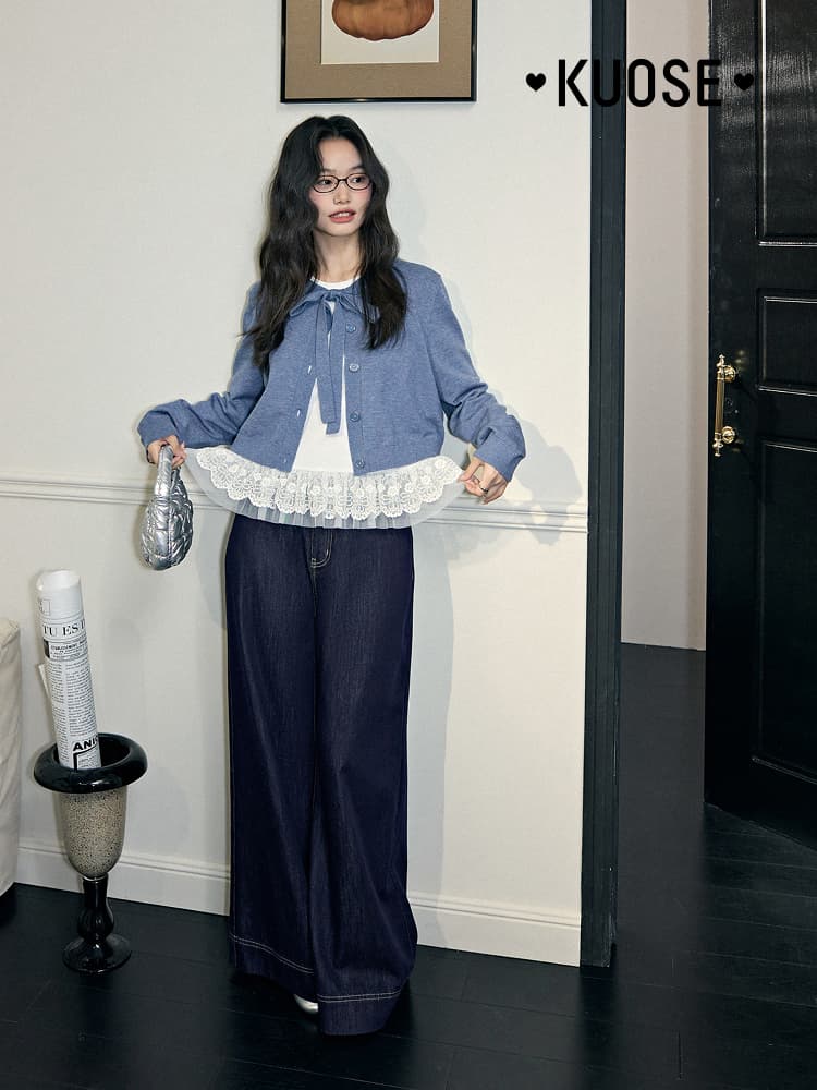 カットソー リボン付きショート丈カーディガン