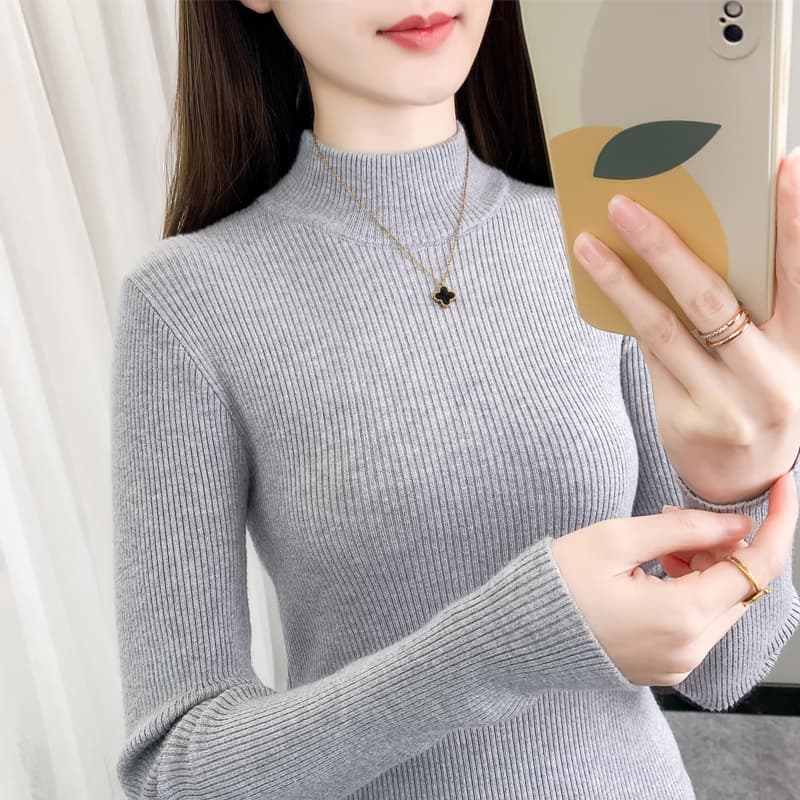 カットソー リブ編みハイネック長袖カットソー