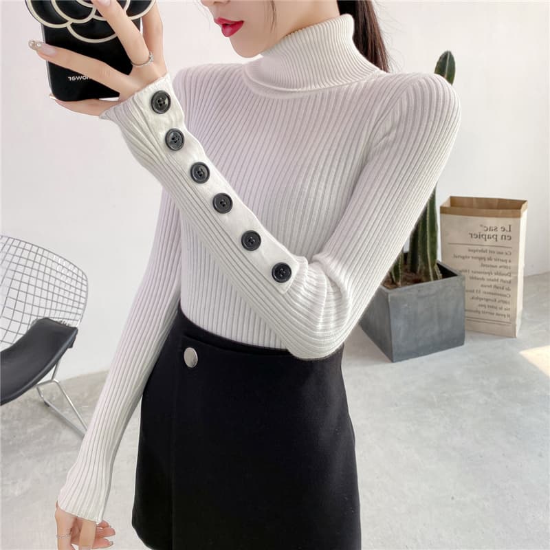 カットソー 斜めボタンデザインリブ編みハイネックカットソー