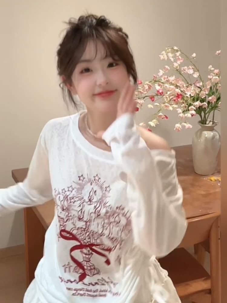 カットソー リボン柄ゆったりボートネック