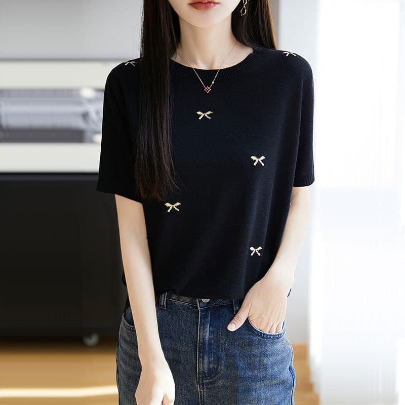 カットソー リボン刺繍ニットカットソー