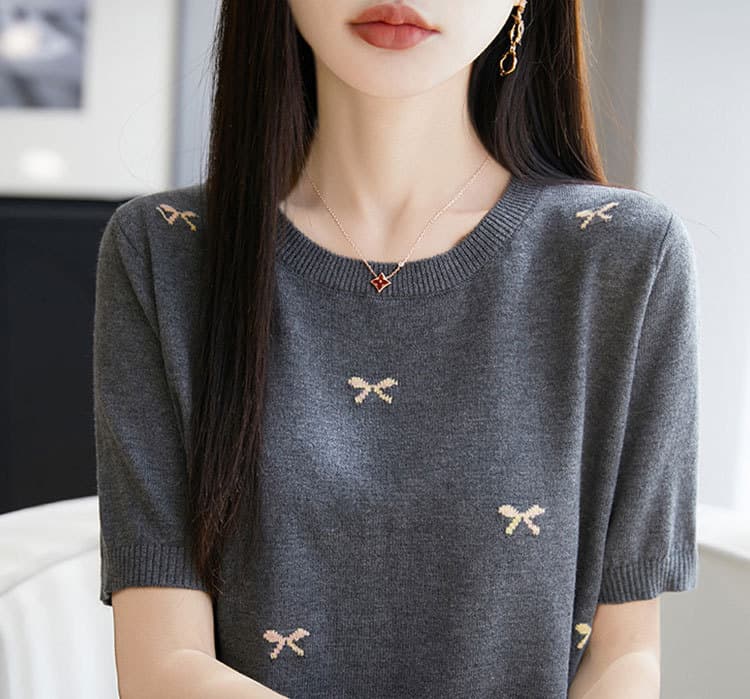 カットソー リボン刺繍ニットカットソー