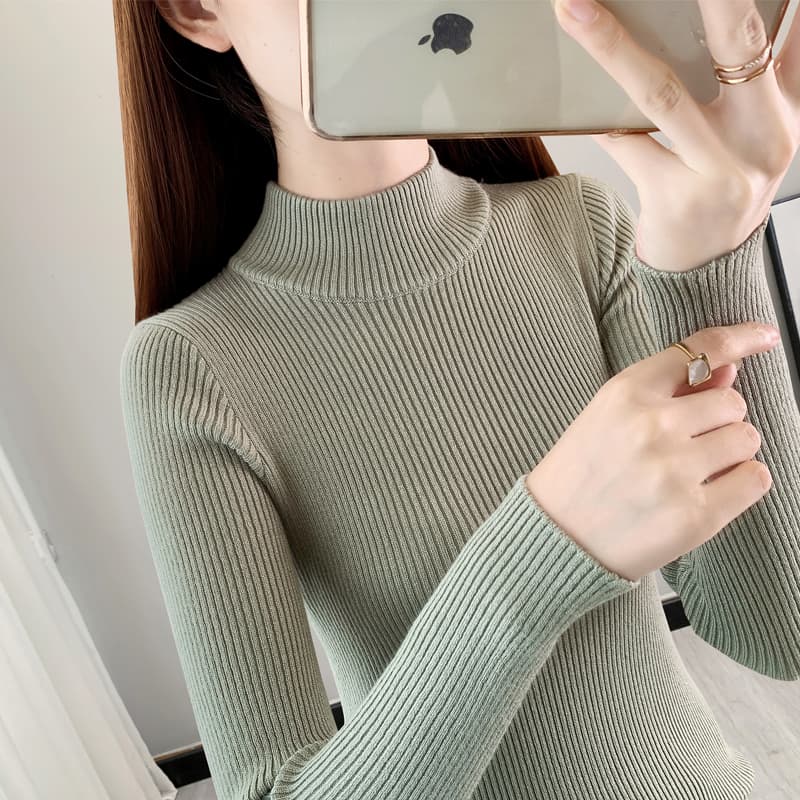 カットソー リブ編みハイネック長袖カットソー