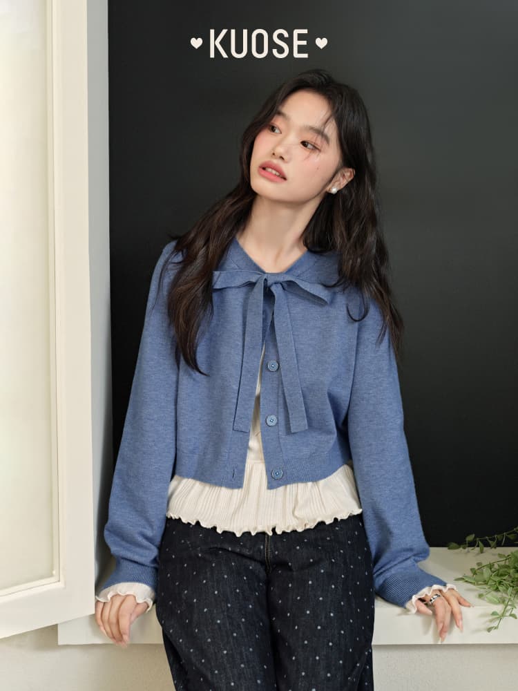 カットソー リボン付きショート丈カーディガン