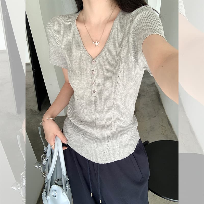 カットソー リブ編み前ボタン付きVネック
