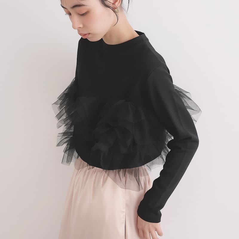 韓国風チュール付き長袖カットソー レディース 2色展開