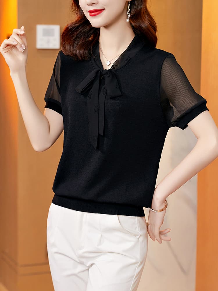 カットソー リボン結び上品シフォン切替カットソー