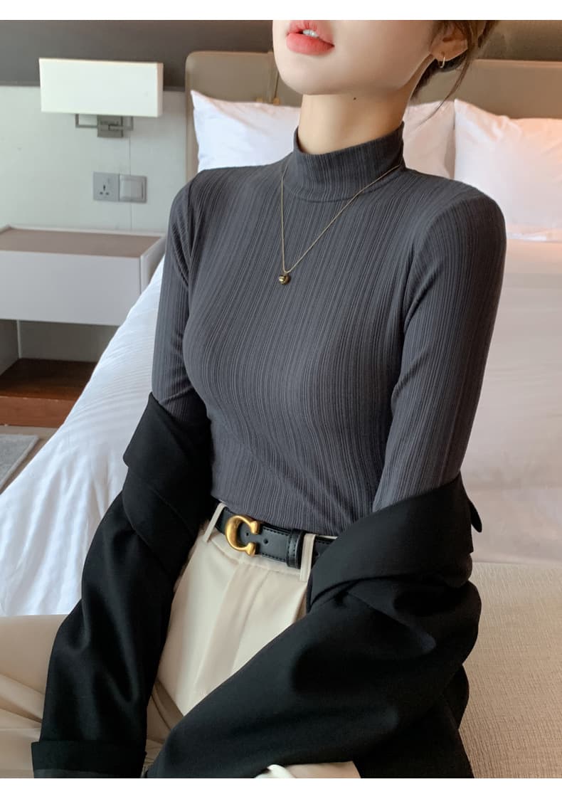 カットソー リブ編み細身ハイネックカットソー