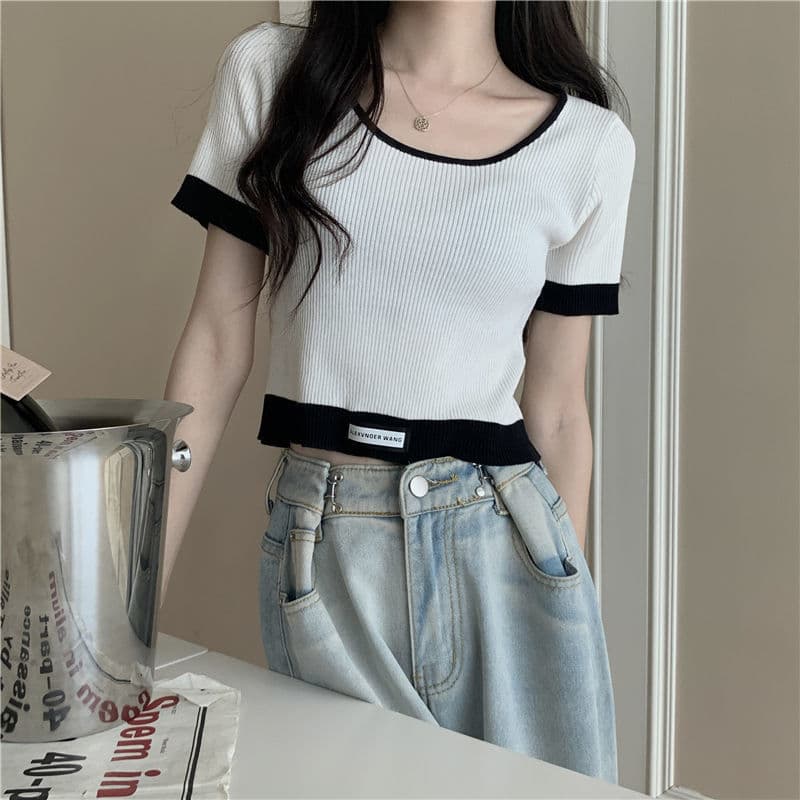 カットソー 優美ボーダー切り替えショート丈七分丈