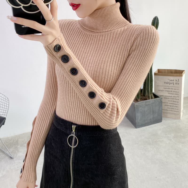 カットソー 斜めボタンデザインリブ編みハイネックカットソー