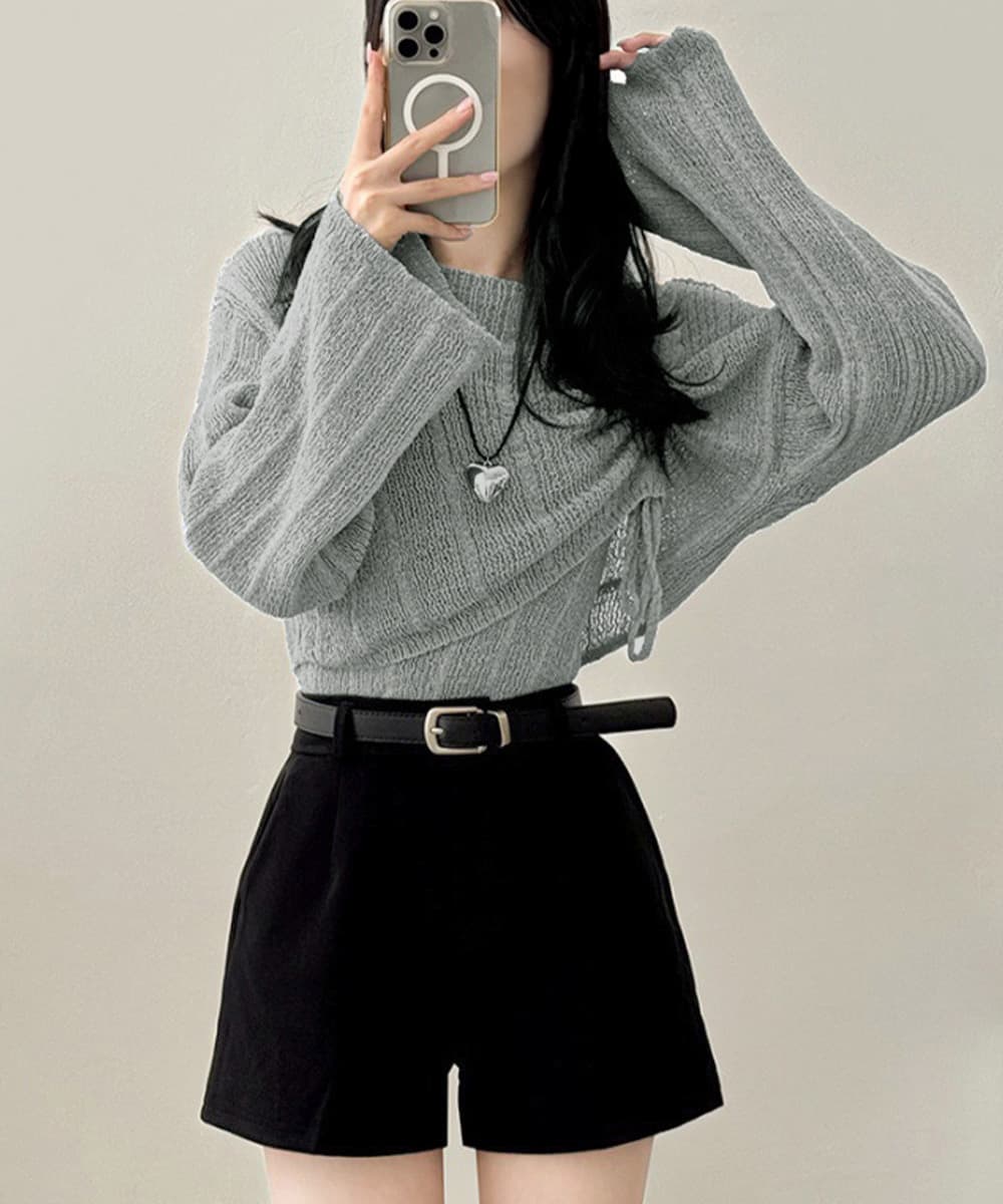 カットソー ボートネック 春夏ドローストリングニットトップス
