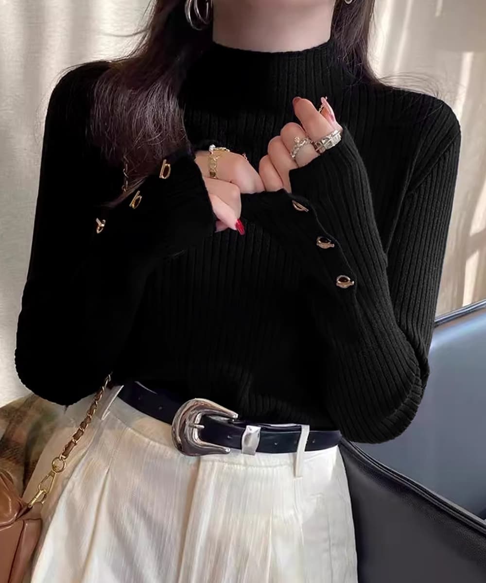 ハイネック リブニット 袖ボタン カットソー 長袖