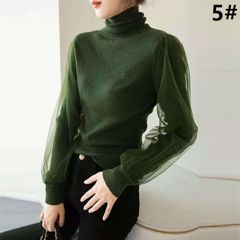 カットソー 秋冬新作 ハイネック ニットトップス チュール袖 長袖 セーター