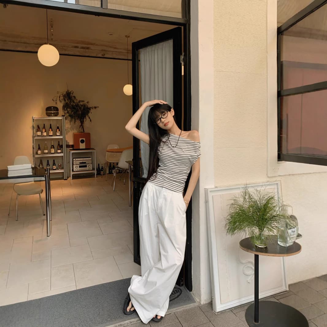 カットソー 肩見せボーダーボートネック