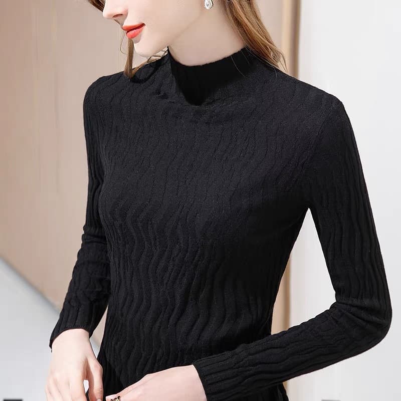 カットソー 縦リブ編み上品ハイネック長袖カットソー