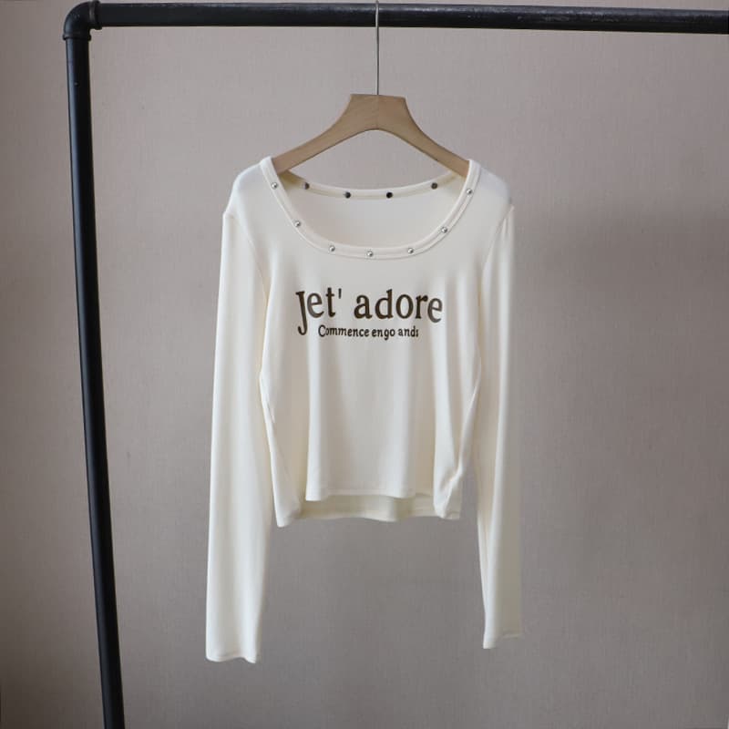 韓国風長袖カットソー パール飾り付きトップス 2色展開