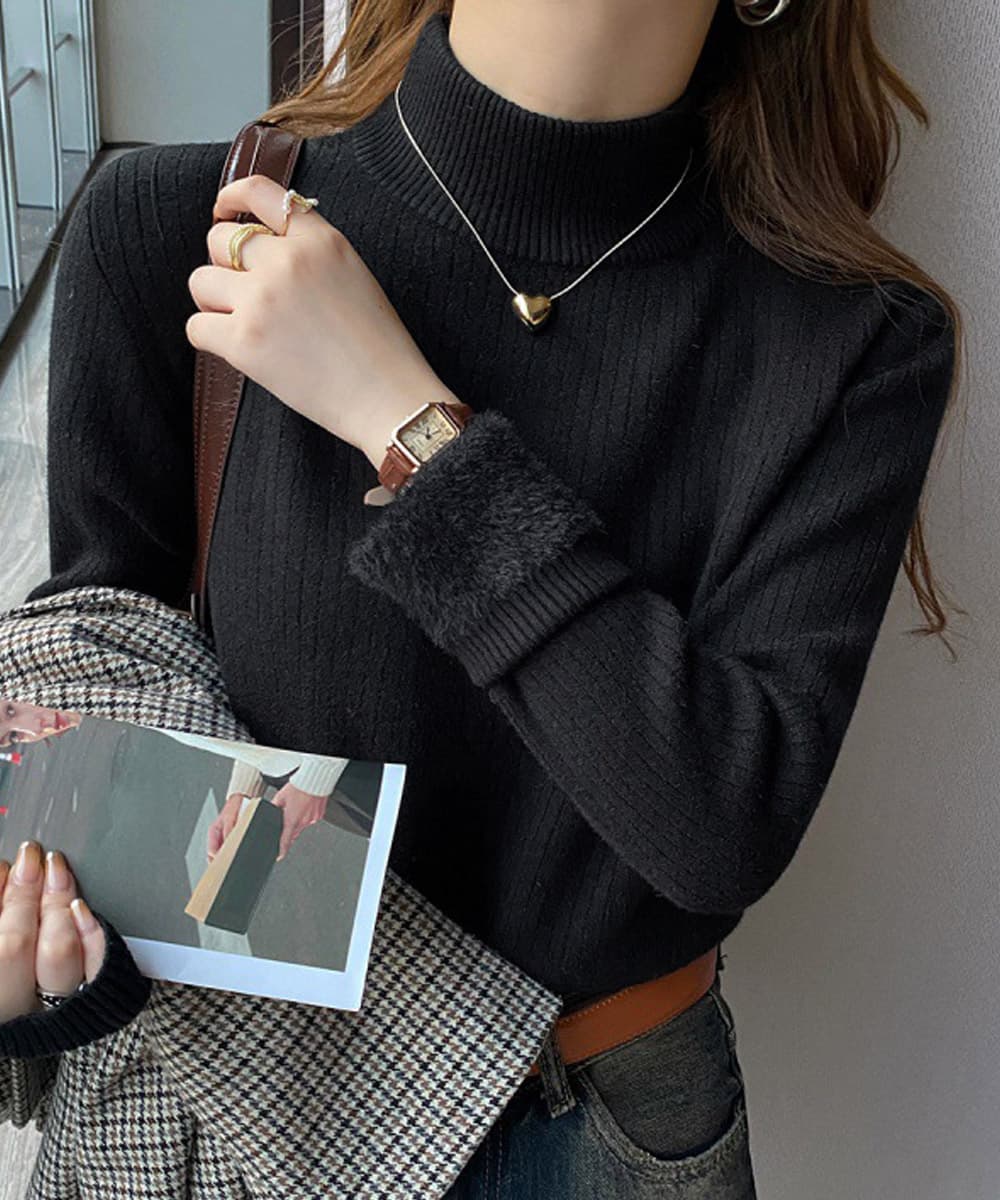 カットソー 裏起毛ハイネックニット 厚手リブ編み長袖