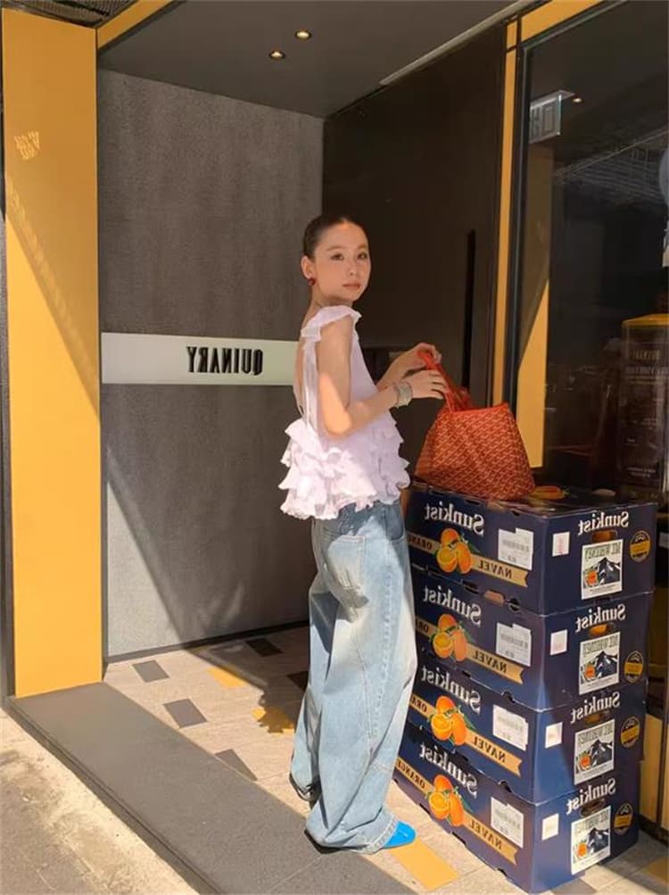 カットソー 韓国風 フリル重ね Vネック ノースリーブ 夏物トップス