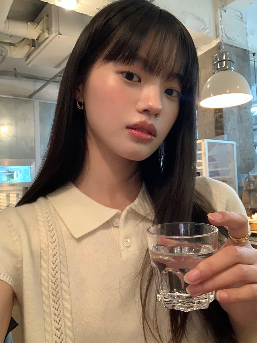 カットソー 上質編み模様ポロニットプルオーバー