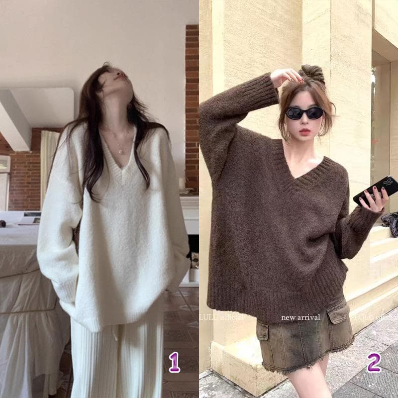 カットソー レディース Vネック ニットセーター 韓国風 ゆったり トップス