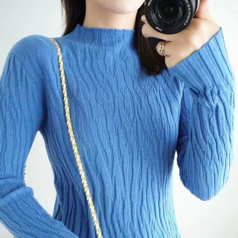 カットソー 縦リブ編み上品ハイネック長袖カットソー