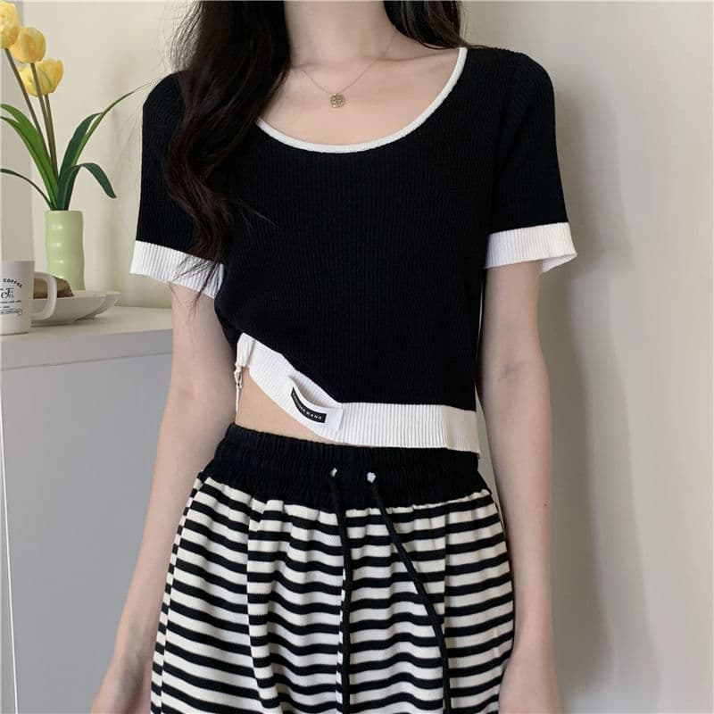 カットソー 優美ボーダー切り替えショート丈七分丈