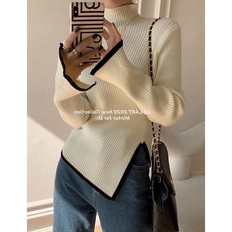 カットソー 配色切り替えリブ編みハイネック長袖カットソー