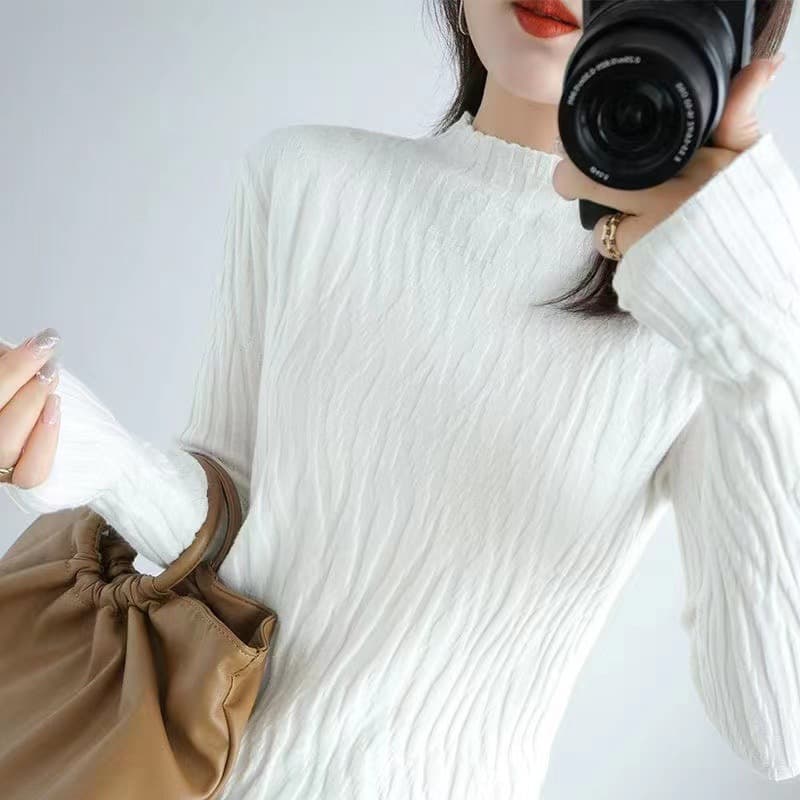 カットソー 縦リブ編み上品ハイネック長袖カットソー