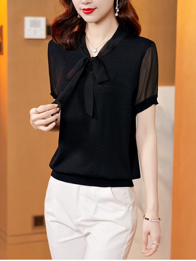 カットソー リボン結び上品シフォン切替カットソー