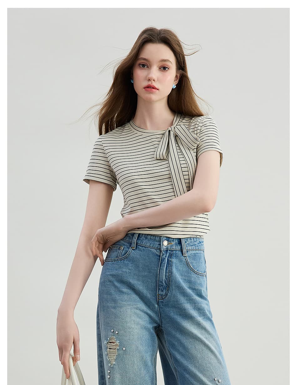 カットソー リボン結び横ボーダー半袖