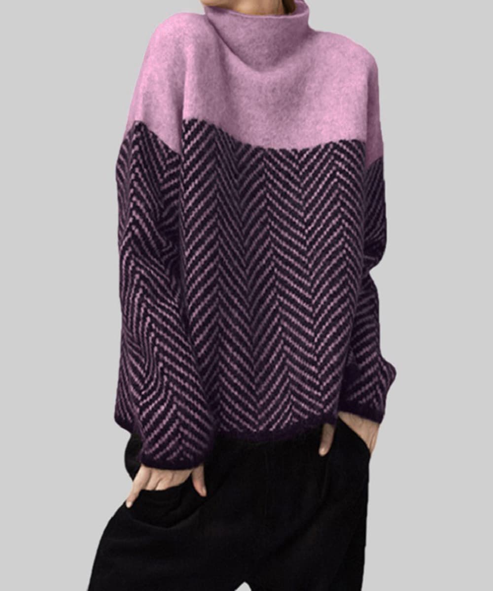 カットソー 幾何学模様ハイネックニットセーター配色デザイン秋冬