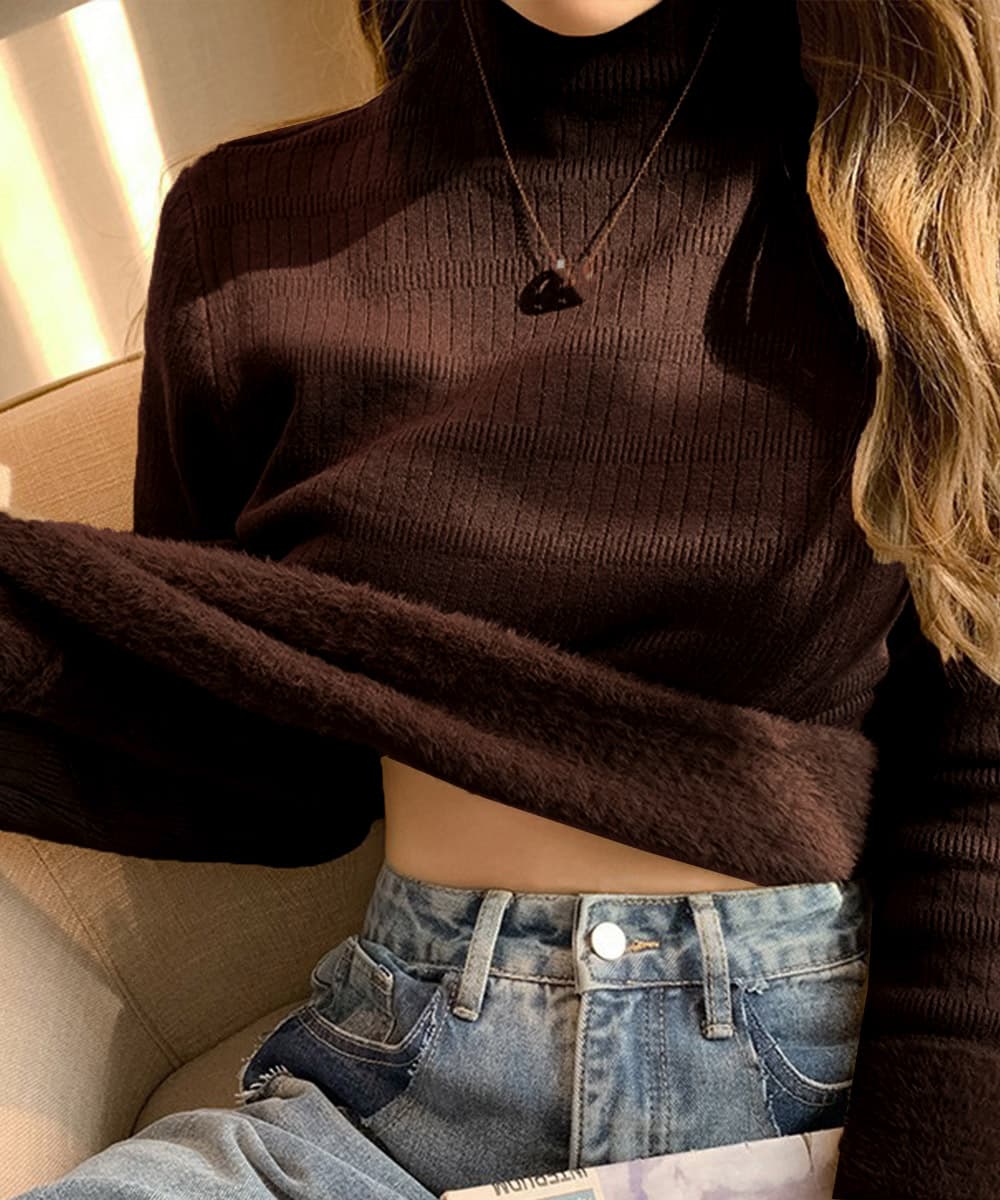 裏起毛ハイネックニット長袖カットソー厚手