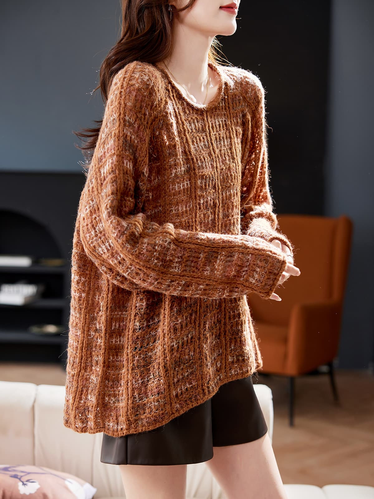 カットソー ふわもこ編み上げゆったりプルオーバー