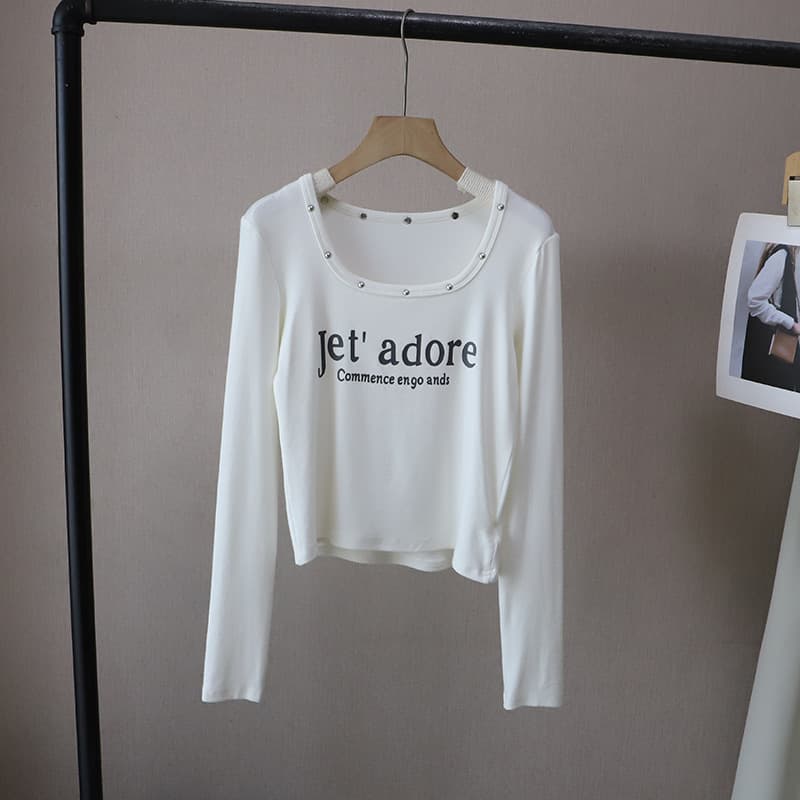 韓国風長袖カットソー パール飾り付きトップス 2色展開