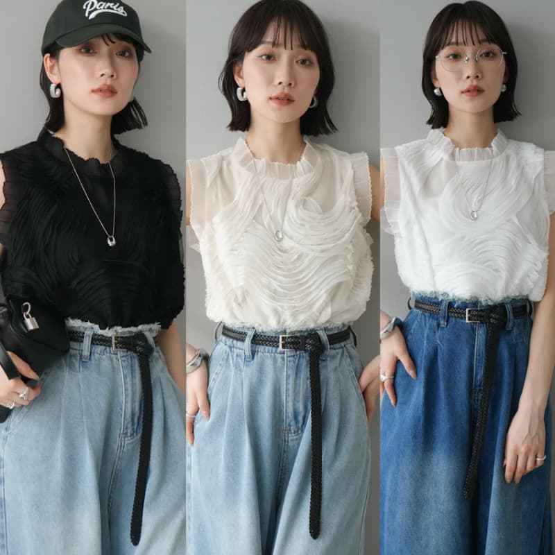 カットソー フリル襟 シアー半袖トップス 全3色