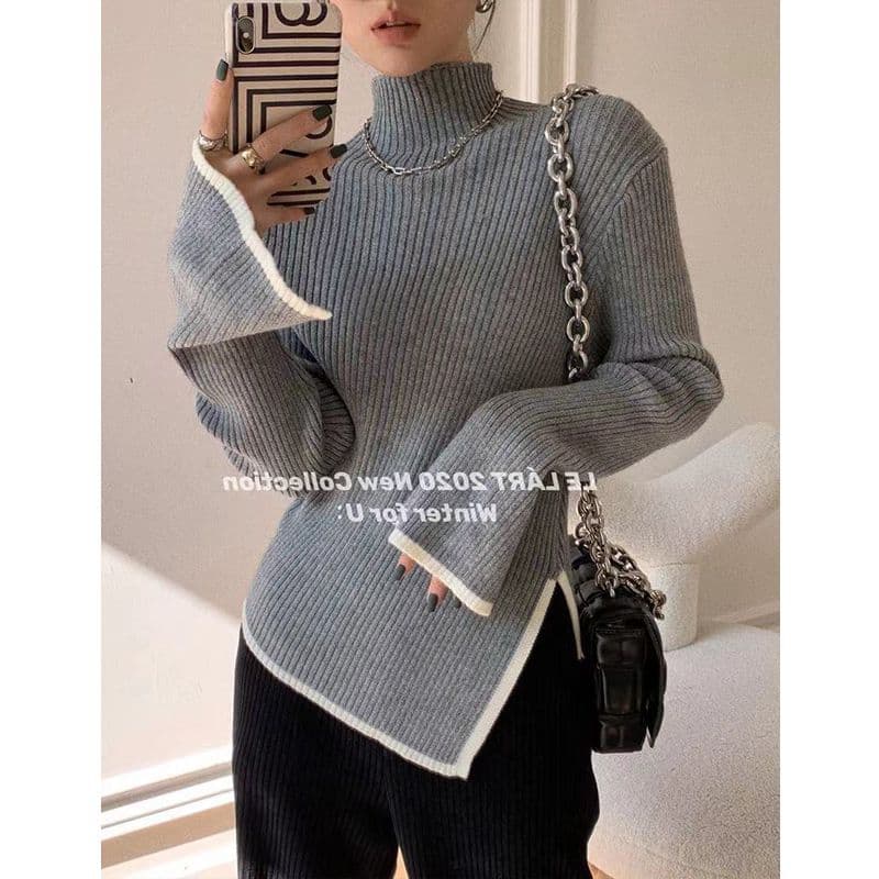 カットソー 配色切り替えリブ編みハイネック長袖カットソー