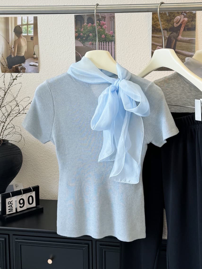 カットソー シフォンスカーフ付きリブカットソー