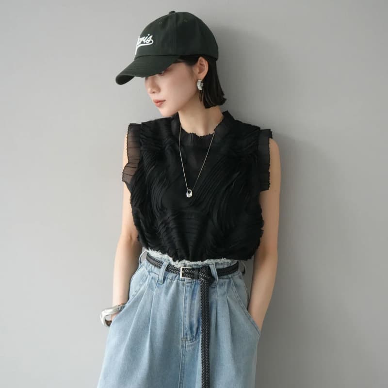 カットソー フリル襟 シアー半袖トップス 全3色