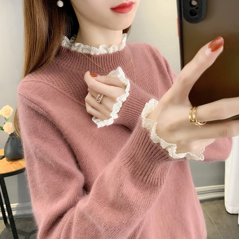 カットソー レース襟付きハイネックニットカットソー