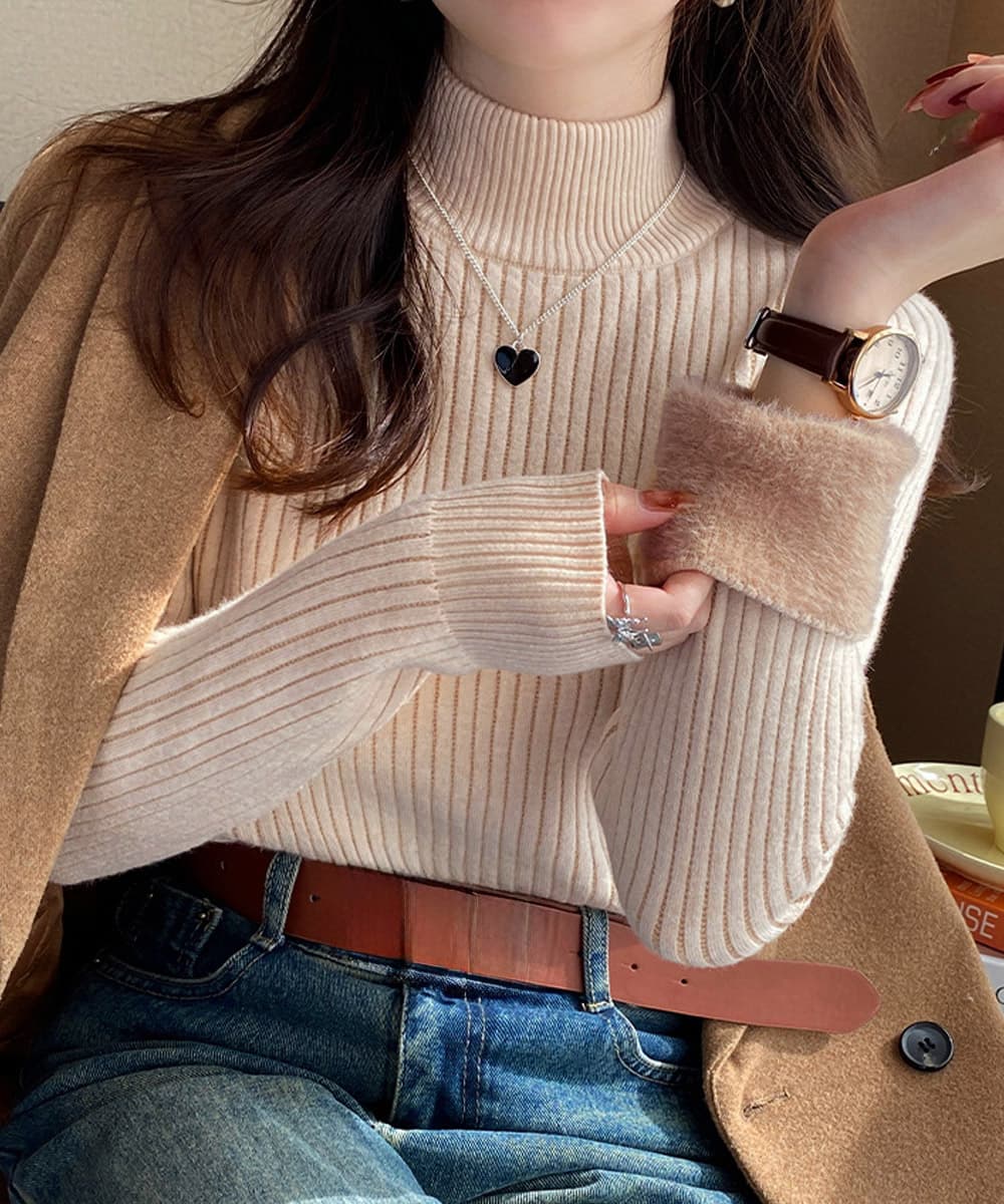 カットソー 裏起毛ハイネックニット 厚手リブ編み長袖