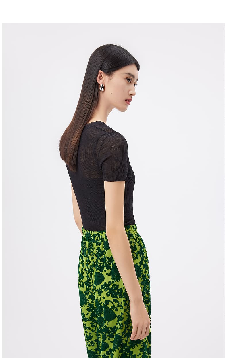 カットソー シアー切り替えリブ編み半袖カットソー