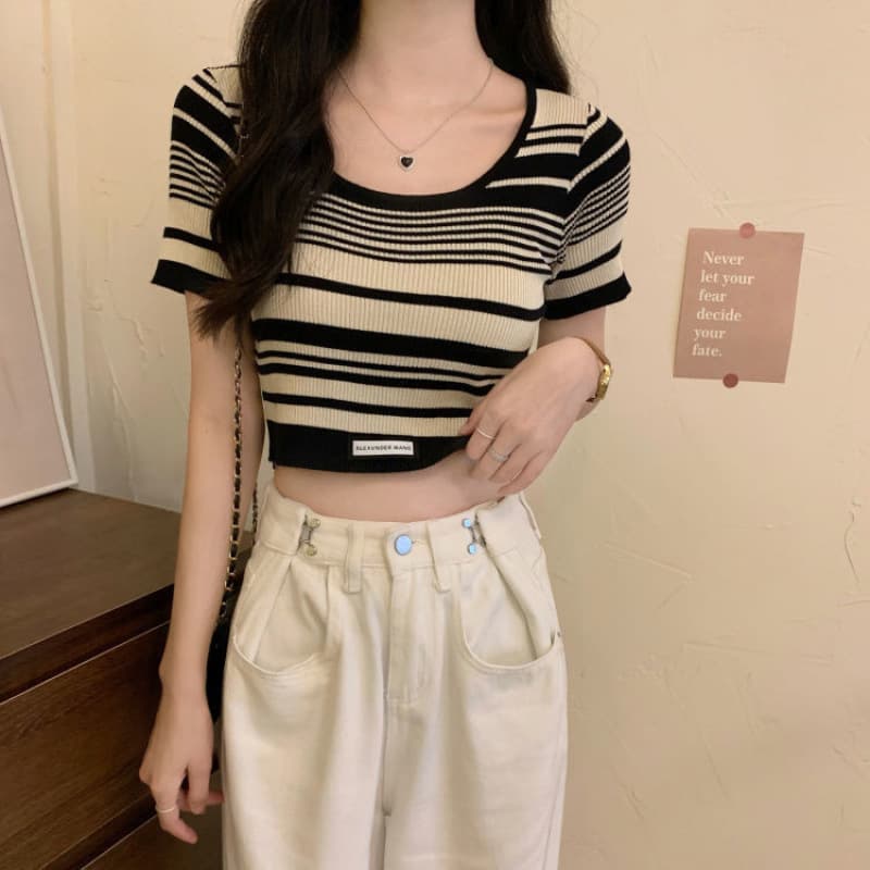 カットソー 優美ボーダー切り替えショート丈七分丈