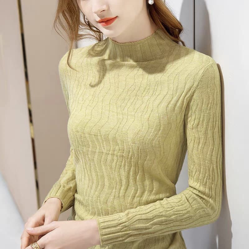 カットソー 縦リブ編み上品ハイネック長袖カットソー