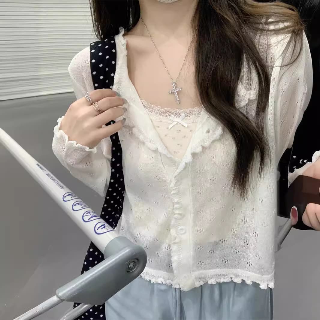 カットソー 花柄メッシュ フリルカットソー