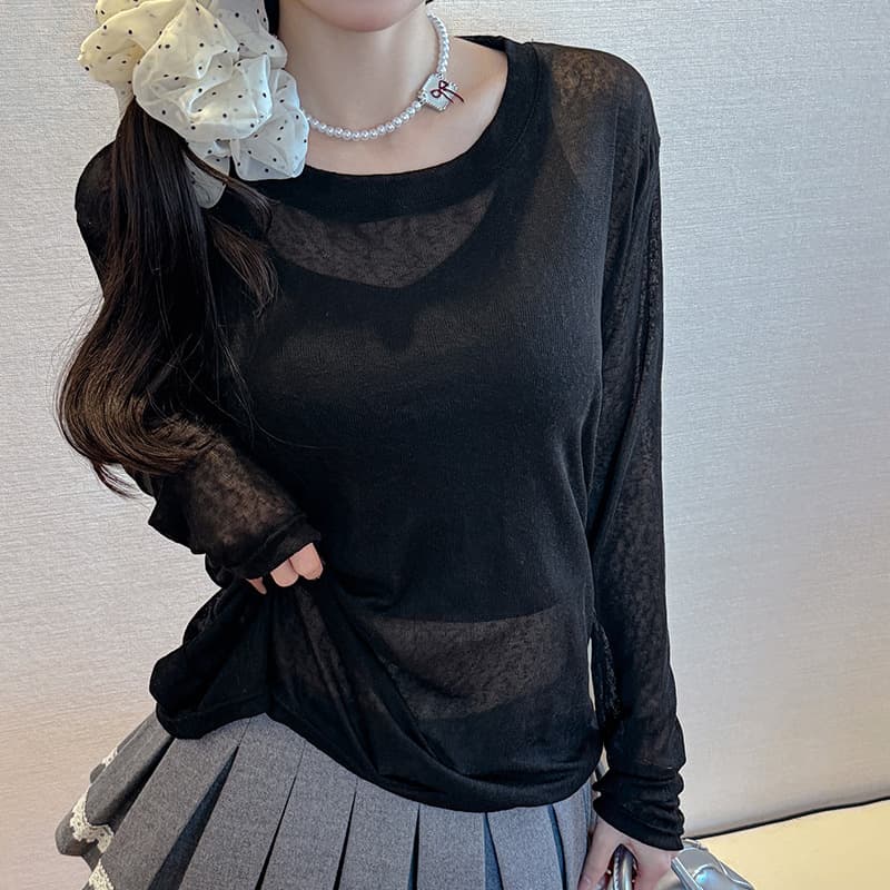 カットソー 透け感シアー素材長袖カットソー