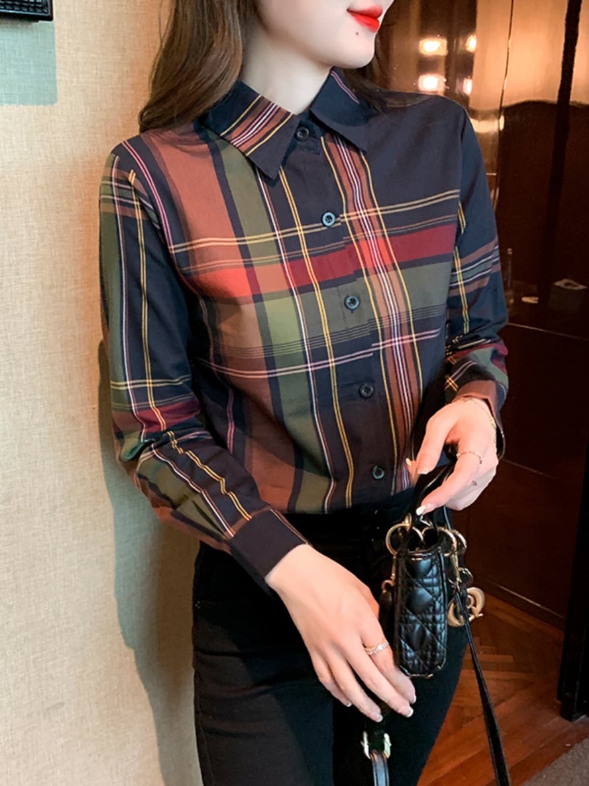 カットソー クラシック格子柄シャツ 上品長袖