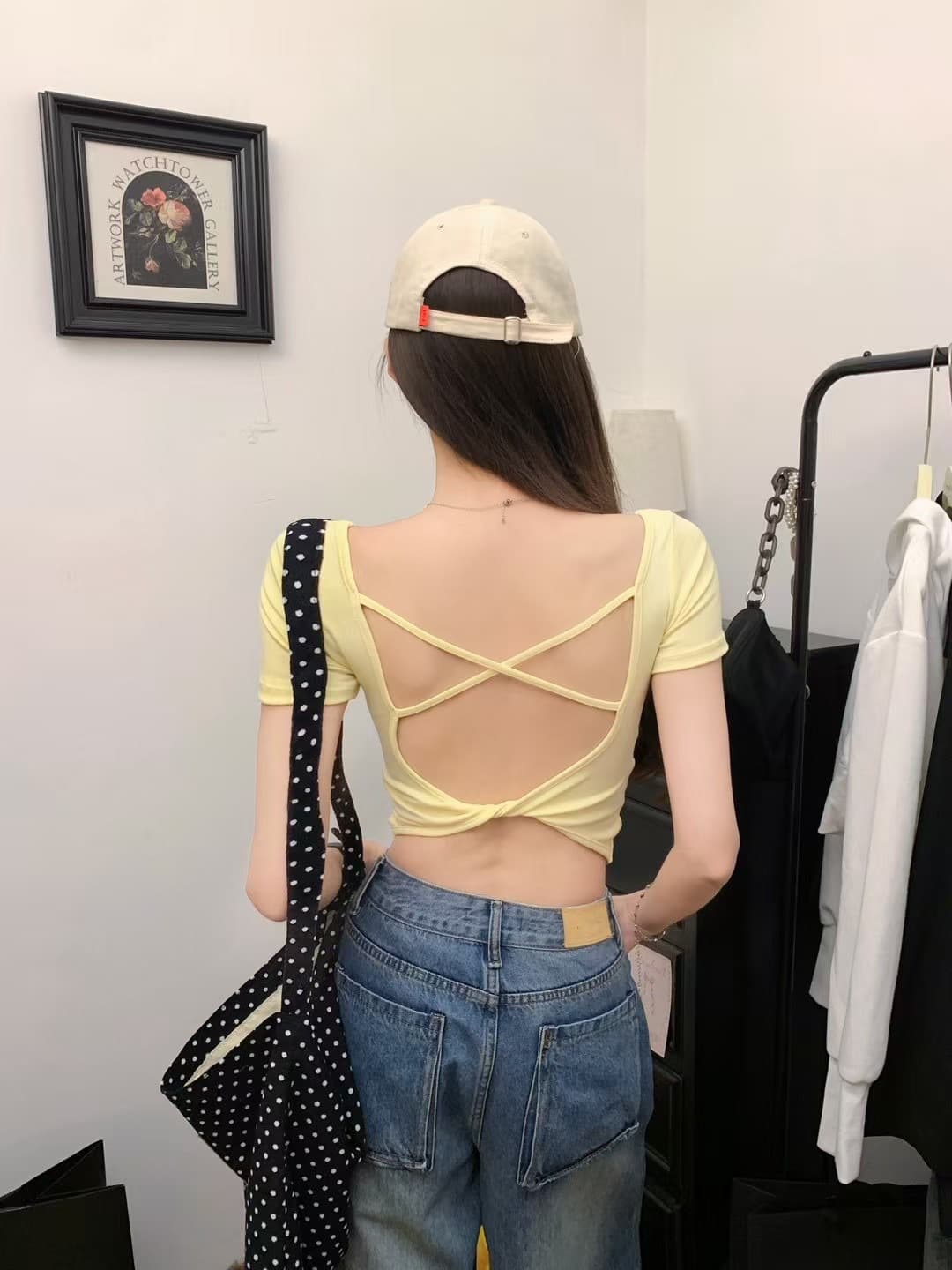 カットソー バッククロス ボートネック ショート丈