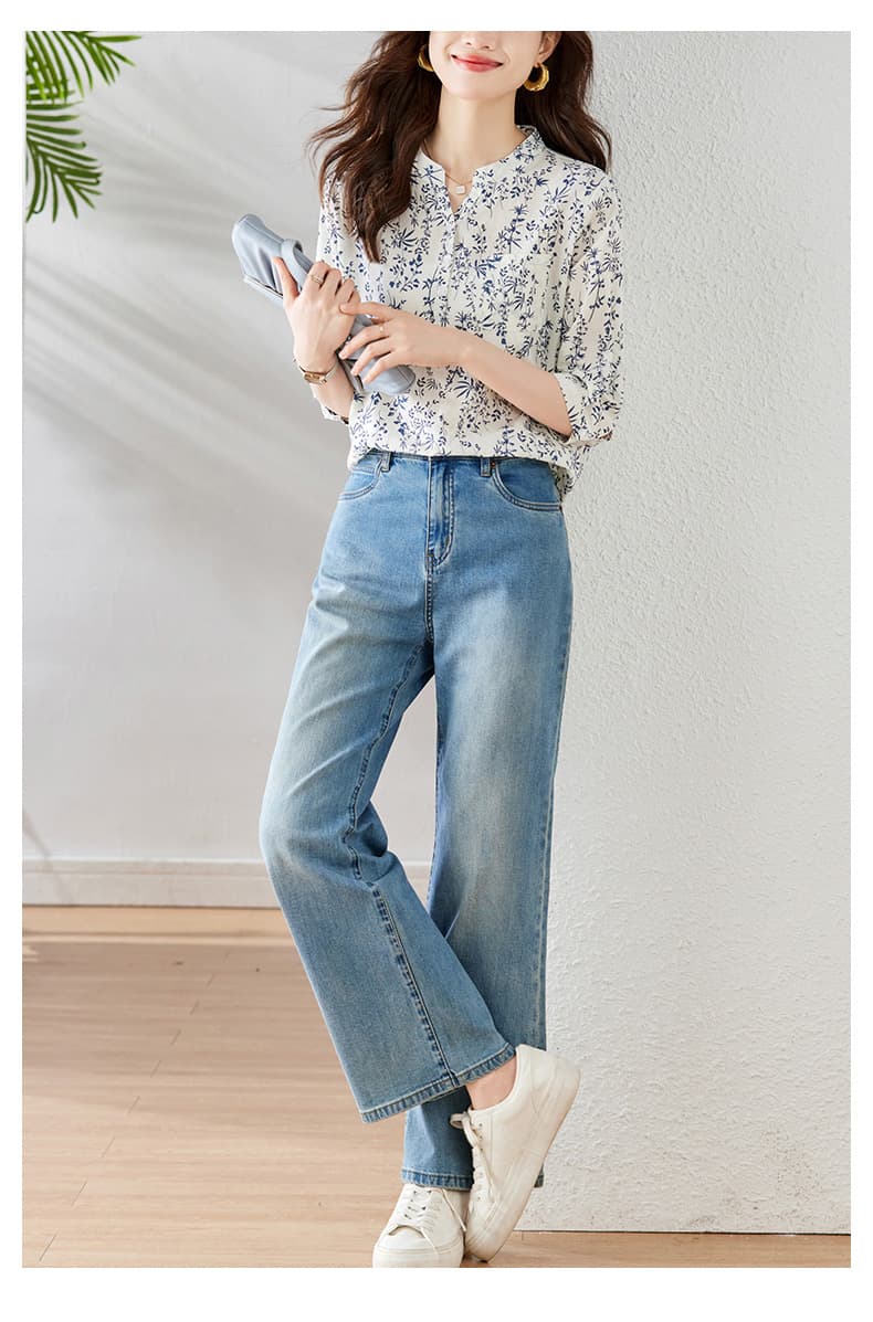 カットソー 草花模様 スキッパー半袖ブラウス