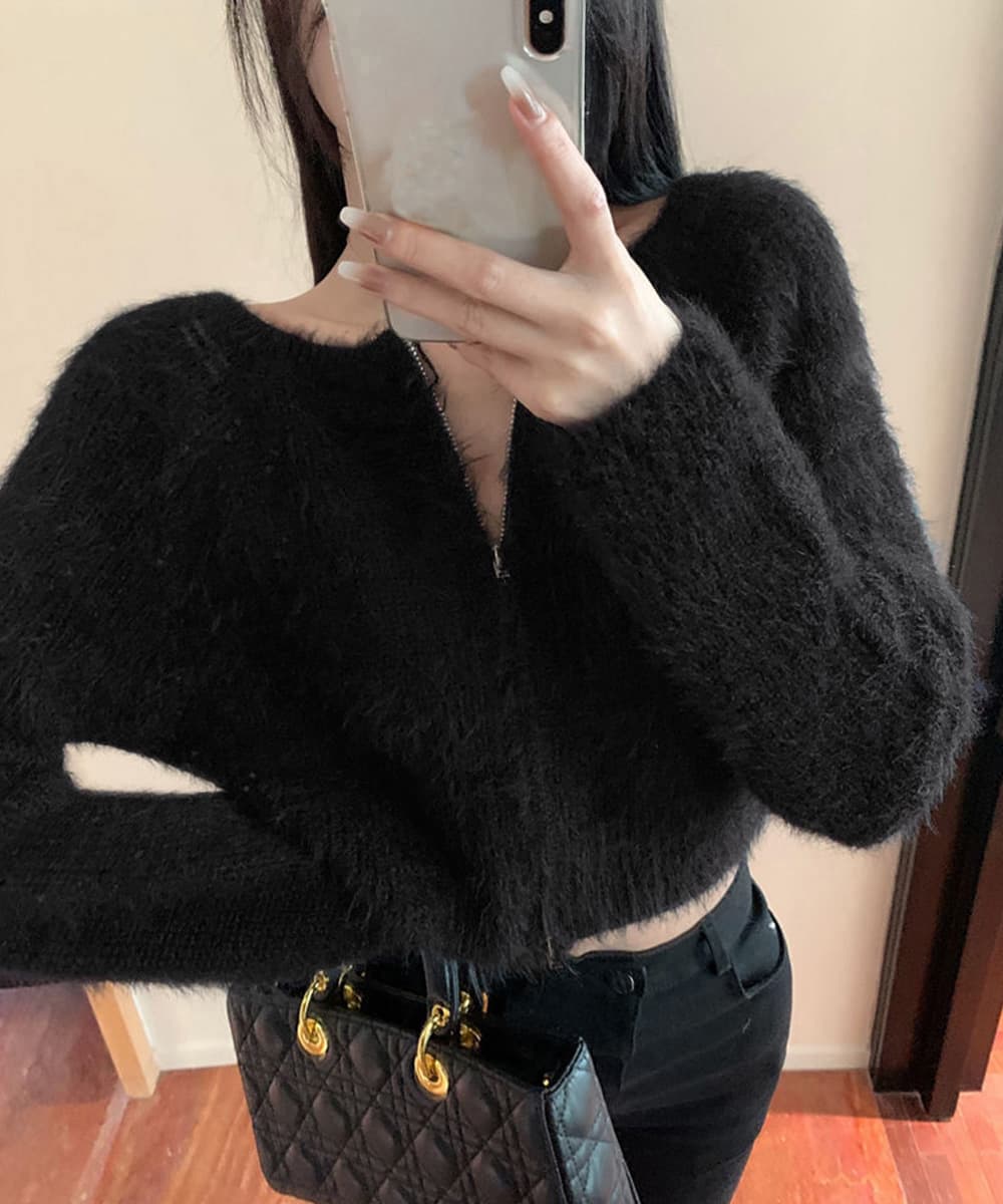 カットソー 長袖ダブルジップ ふわもこシャギーニット ショート丈