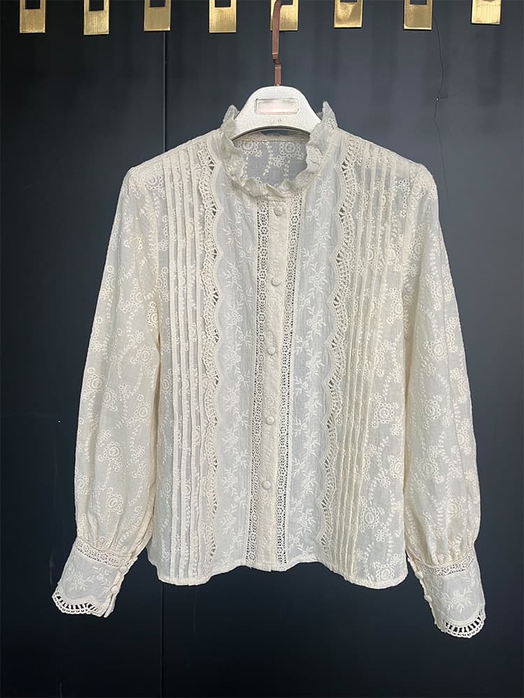 カットソー レース刺繍フリルスタンドカラーブラウス